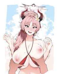 1boy 1girls bikini bikini_top_aside blue_archive blue_sky blush breasts commentary_request demon_girl demon_horns earrings female grabbing_another's_breast groping halo hetero highres horns huge_breasts imajin_koji jewelry long_hair male multicolored_horns nipples official_alternate_costume open_mouth orange_eyes pink_hair pov pov_hands red_bikini red_halo satsuki_(blue_archive) satsuki_(swimsuit)_(blue_archive) sky swimsuit two-tone_horns