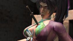 artist_request bikini blood blood_on_clothes blood_on_face breasts dagger death highres knife large_breasts marvel marvel_rivals psylocke psylocke_(breezy_butterfly) ryona source_request stab stabbed_heart swimsuit weapon