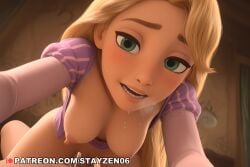 1boy 1girl ai ai_art ai_generated blonde_hair blurry blush bottomless breasts breasts_out breath cowgirl_position cum curtains disney fangs girl_on_top green_eyes hanging_breasts heavy_breathing hetero indoors lips long_hair long_sleeves looking_at_viewer medium_breasts nipples open_clothes open_mouth open_shirt penis pov puff_and_slash_sleeves pussy pussy_juice rapunzel_(disney) saliva sex shirt smile solo_focus straddling sweat teeth uncensored vaginal