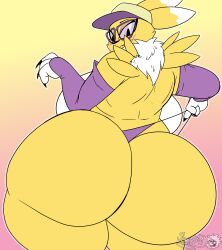 2022 absurd_res anthro ass bandai_namco big_ass big_breasts big_butt bottom_heavy breasts bubble_ass bubble_butt clothing clothing_pull digimon digimon_(species) eyewear fat_ass fat_butt female female_only glasses hat headgear headwear hi_res huge_ass huge_breasts huge_butt large_ass large_breasts large_butt looking_at_ass looking_at_butt looking_back masterj291 panties panty_pull renamon simple_background softtibbies solo thick_ass thick_thighs thong underwear underwear_pull wide_hips