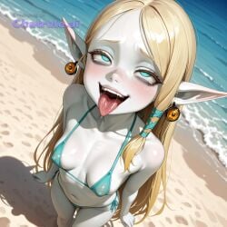 1girl ahegao_face ai_assisted ai_generated aqua_eyes bikini blonde_hair blue_sky blurry_background colored_skin cra detailed_face dutch_angle elf high_angle huge_eyes large_breasts long_hair looking_at_viewer naked ocean outdoors pale_skin petite_breasts pointy_ears sand sea small_breasts smile solo standing very_long_hair visible_breasts visible_nipples wakfu