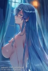 1girl 2026 ai_generated akame_ga_kill! blue_eyes blue_hair blush breasts cocomiyart colored_eyelashes completely_nude curtains esdeath_(akame_ga_kill!) eyelashes from_side full_moon hair_between_eyes half-closed_eyes hand_on_own_chest highres indoors large_breasts long_hair looking_at_viewer moon moonlight night night_sky nipples nsfw nude parted_lips profile seductive_smile sidelocks sideways_glance smile solo uncensored upper_body very_long_hair window
