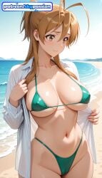 1girls 2026 ai_assisted ai_generated anime antenna_hair aqua_bikini beach bikini boobs breasts bust green_bikini hi_res high_quality high_resolution highres highschool_of_the_dead miyamoto_rei open_shirt outdoors patreon patreon_username rei_miyamoto sand shirt shore skypassion solo stable_diffusion swimsuit tits water watermark