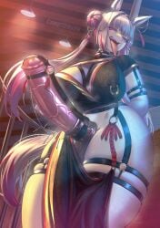 1girl absurdres animal_ears animal_genitalia_on_humanoid animal_penis breasts chinese_zodiac cowboy_shot dithering erection from_below futanari hair_bun harness highres horse_ears horse_girl horse_penis horse_tail huge_penis indoors lamp159568 large_breasts long_tongue looking_at_viewer nipple_piercing open_mouth original penis penis_out piercing piercing_through_clothes pink_eyes solo tail testicles tongue tongue_out uncensored veins veiny_penis year_of_the_horse