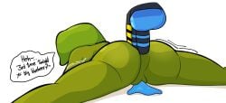 anal anal_sex artist_upload back_view backshot big_ass blue_cum dialog dialogue english english_text green_hair green_skin jacqueline_(monster_prom) leaking leaking_cum monster monster_camp monster_con monster_girl monster_prom monster_roadtrip nate_(time_jester) oc original_character plant plant_girl prone_bone quiver quivering robot robot_boy simple_background text time_jester_(artist) white_background