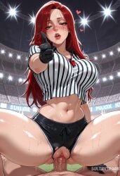 1boy 1girl ai_generated artist_name black_gloves blush breasts cowgirl_position crop_top crotch_cutout futarush girl_on_top gloves green_eyes hetero katarina_du_couteau large_breasts league_of_legends long_hair looking_at_viewer navel patreon patreon_username penis pointing pointing_at_viewer pov pov_crotch pussy pussy_juice red_card_katarina red_hair riot_games scar scar_across_eye scar_on_face sex shorts solo_focus stadium straddling sultryspark sweat torn_clothes torn_shorts uncensored vaginal whistle whistle_around_neck