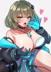 1girls absurdres aqua_belt aqua_jacket bare_shoulders belt bikini bikini_under_clothes black_bikini black_gloves black_jacket blue_eyes blush breasts choker cleavage collarbone cyber_fashion dog_tags fellatio_gesture female gloves glowing_clothes green_eyes green_hair grey_shorts hair_ornament heterochromia highres idolmaster idolmaster_cinderella_girls jacket jewelry large_breasts latte_(a_nextsystem) looking_at_viewer multicolored_bikini multicolored_jacket necklace nipples open_clothes open_jacket open_mouth short_hair shorts single_bare_leg single_leg_pantyhose solo squatting swimsuit takagaki_kaede thighs tongue tongue_out two-sided_fabric two-sided_jacket two-tone_bikini two-tone_bra two-tone_gloves two-tone_jacket