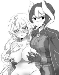 1itt1e_star 2girls big_breasts blush clothed_female_nude_female curly_hair female female_only hair_between_eyes lactation long_hair looking_at_viewer lyza_(made_in_abyss) made_in_abyss milk milk_squirt monochrome nipple_pinch nipple_tweak nude nude_female ozen short_hair two-tone_hair yuri