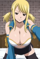 1girl ai_generated anime anime_style black_skirt black_thighhighs blonde_hair breasts brown_eyes cleavage collarbone detached_sleeves earrings fairy_tail hentai hi_res indoors jewelry large_breasts long_hair looking_at_viewer lucy_heartfilia miniskirt mystic_maidens navel on_bed patreon reaching reaching_towards_viewer sidelocks skirt smile solo thighhighs twintails