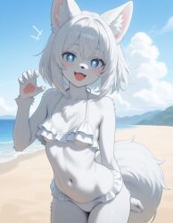 ai_generated bikini blue_eyes breasts female fluffy_tail frilled_bikini furry luna_winters underboob white_hair wolf wolf_girl wolf_tail