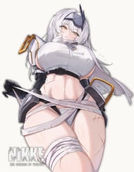 1girls 2d 2d_(artwork) belly_button big_breasts color dogtags exposed_torso eyebrows eyebrows_visible_through_hair eyelashes female female_focus female_only goddess_of_victory:_nikke kiki_(akasaka0818) long_hair nikke nose not_ai not_ai_generated not_furry scars scars_on_body scars_on_thighs shift_up sideboob simple_background snow_white_(heavy_arms)_(nikke) snow_white_(nikke) tagme thick_thighs visible_teeth watermark white_background white_hair yellow_eyes