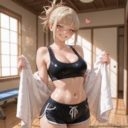 1girl ai_generated bangs bare_shoulders black_shorts blonde_hair blunt_bangs blush breasts cleavage collarbone cowboy_shot dolphin_shorts grin hair_bun heart himiko_toga holding indoors kermixx looking_at_viewer medium_breasts midriff my_hero_academia navel shiny shiny_skin short_shorts shorts sidelocks smile solo sports_bra standing stomach sweat toga_himiko towel yellow_eyes