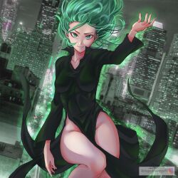 1girls classy dress female female_only fully_clothed green_eyes green_hair in_the_air one-punch_man petite seductive smile solo tatsumaki thighs