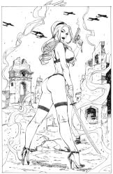 1girls ass baby_doll_(sucker_punch) big_ass big_breasts breasts elias_chatzoudis female gun hairband high_heels lingerie nipples solo sucker_punch sword traditional_media_(artwork)
