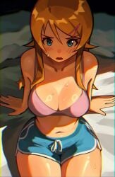1girl ai_generated arm_support bed blonde_hair blue_eyes blue_shorts blush bra breasts cleavage dolphin_shorts dot_nose elfgens from_above hair_ornament hairclip kousaka_kirino long_hair long_sidelocks looking_at_viewer looking_up medium_breasts navel on_bed open_mouth ore_no_imouto_ga_konna_ni_kawaii_wake_ga_nai pink_bra pink_hairclip self_upload short_shorts shorts sidelocks sitting solo straight_hair sweat thighs underwear