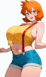 1girl ai_generated aqua_eyes asymmetrical_hair bangs bare_shoulders blue_eyes blue_shorts blush breasts busty clothing crop_top crop_top_overhang denim denim_shorts female female_only green_eyes gym_leader hair_between_eyes huge_breasts kasumi_(pokemon) large_breasts looking_at_viewer midriff misty_(pokemon_hgss) navel open-mouth_smile open_mouth orange_hair pokemon ponytail see-through see-through_silhouette shirt short_hair short_shorts shorts side_ponytail sideboob sleeveless smile solo stomach suspender_shorts suspenders tank_top teeth thick_thighs thighs tied_hair upper_teeth upper_teeth_only yellow_shirt yellow_tank_top