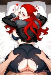 1girl ai_assisted ai_generated big_ass blue_eyes bouncing_breasts bra_down detailed_face doggy_style fucked_into_submission fucked_silly fur_trim heart_eyes heart_shaped_pupils long_hair pov red_hair sansa_stark seductive_look seductive_smile thicc_ass thicc_thighs torn_clothes vaginal_sex wants_to_fuck wide_hips