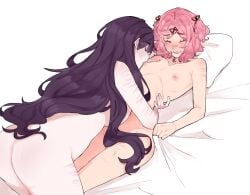 2girls blush breast_sucking closed_eyes commentary commission completely_nude doki_doki_literature_club english_commentary highres long_hair multiple_girls natsuki_(doki_doki_literature_club) nipple_slip nipples nude pillow pink_hair pockiseisont purple_hair scar scar_on_arm scar_on_leg self-harm_scar short_hair yuri yuri_(doki_doki_literature_club)