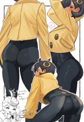 1girls ass ass_focus ass_shot bent_forward big_ass black_bodysuit black_hair blush bodysuit brown_jacket clothing emma_(pokemon) female female_only game_freak hair jacket jet_(pokemon) liiiisssssaa multiple_views nintendo pokemon pokemon_legends:_z-a purple_eyes short_hair side_view solo solo_focus thick_thighs thighs tight_clothing white_background