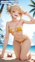 1girls 2026 ai_assisted ai_generated anime bangs barefoot beach bikini blue_sky blunt_bangs boku_no_hero_academia boobs branch breasts bust cloud double_bun fangs hi_res high_quality high_resolution highres himiko_toga leaf looking_at_viewer messy_hair my_hero_academia navel outdoors patreon patreon_username sand sky skypassion stable_diffusion swimsuit tits toga_himiko water watermark yellow_bikini yellow_eyes