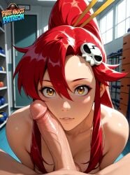 1boy 1girls ai_generated bangs blowjob cute daytime dick dressing_room golden_eyes gym long_hair penis penis_on_face pirate_cat red_hair rubbing tengen_toppa_gurren_lagann yellow_eyes yoko_littner