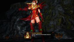 1girls 3d blizzard_entertainment blonde_hair blood_elf dialogue female female_only glaif light-skinned_female light_skin pointing pussy solo thick_thighs thighhighs valeera_sanguinar voluptuous voluptuous_female warcraft wide_hips world_of_warcraft