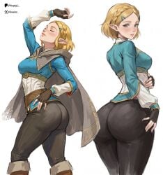 1girls ass breasts dewspire female female_focus female_only large_ass light-skinned_female light_skin looking_at_viewer looking_back princess_zelda solo the_legend_of_zelda thick_thighs thighs white_background wide_hips