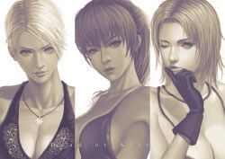 3girls bare_shoulders big_breasts bikini black_gloves breasts christie_(doa) cleavage closed_mouth collarbone commentary dead_or_alive dead_or_alive_5 english_commentary finger_to_mouth gloves halterneck hayate_(leaf98k) jewelry kasumi_(doa) large_breasts lips long_hair looking_at_viewer monochrome multiple_girls necklace one_eye_closed parted_lips photoshop_(medium) realistic short_hair sideboob swimsuit tina_armstrong title upper_body white_hair