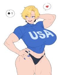 1girl 2d abs blonde_hair blue_eyes chengchezhiice large_breasts muscular_female oc smile tagme thick_thighs
