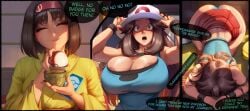 2026 2d 2girls absurd_res absurd_resolution absurdres ai_generated alternate_breast_size ass black_hair breasts brown_hair cleavage closed_eyes comic cup english_text erika_(pokemon) hairband hat hi_res high_quality high_resolution highres holding holding_poke_ball huge_breasts hydraulicmatingpress image japanese_clothes kimono leaf_(pokemon) long_hair multiple_girls open_mouth panties patreon patreon_username poke_ball poke_ball_(basic) pokemon pokemon_adventures pokemon_frlg pokemon_lgpe red_hairband red_skirt short_hair skirt sleeveless smile speech_bubble uncensured underwear watermark yellow_kimono