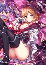 1girls black_thighhighs blonde blonde-haired_female blonde_female blonde_hair blush brown_eyes cleavage djeeta_(granblue_fantasy) female granblue_fantasy official_alternate_costume short_hair skirt_lift thighhighs witch_hat