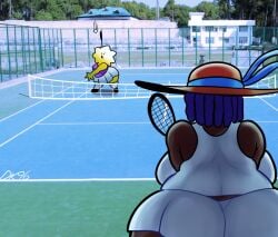2girls ass ass_focus big_ass big_breasts big_thighs chubby chubby_female daisykitty96 oc original_character tennis_ball tennis_court tennis_racket tennis_uniform