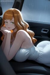 1girl ai_generated artist_name bangs bare_shoulders black_clover breasts car dress green_eyes hi_res high_quality high_resolution large_breasts long_hair looking_at_viewer mimosa_vermillion patreon rain seductive sexy smile solo umbrella uncensored watermark white_dress