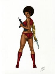 1girls 2008 afro ass big_ass big_breasts breasts dark-skinned_female dark_skin female gun knife marvel misty_knight panties solo tagme_(artist)