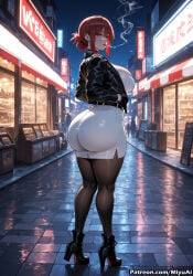 1girl ai_assisted ai_generated ass bangs black_legwear breasts curvaceous curvy curvy_female curvy_figure female gloves high_heel_boots high_heels huge_breasts jacket looking_at_viewer looking_back miniskirt miyuai pantyhose red_eyes red_hair road sidelocks skirt solo super_no_ura_de_yani_suu_futari tayama_(super_no_ura_de_yani_suu_futari) thick thick_ass thick_butt thick_hips thick_legs thick_thighs thighs voluptuous voluptuous_female wide_hips wide_thighs