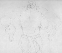 5_fingers anthro big_muscles bulge cartoon_network chiropteran fangs fingers genital_outline hair huge_muscles male mammal max_(sci) muscular muscular_anthro muscular_male nipples open_mouth penis_outline sbshouseofpancakes solo summer_camp_island