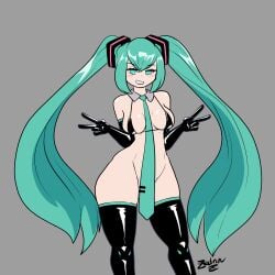 1girls bikini_top bottomless breasts female hatsune_miku leggings necktie tagme vocaloid zedrin