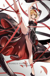 1girls armpits black_dress blonde blonde-haired_female blonde_female blonde_hair breasts brown_eyes dancer dancing djeeta_(granblue_fantasy) dress female granblue_fantasy looking_at_viewer medium_breasts panties pantyshot pantyshot_(kicking) short_hair standing_on_one_leg underwear white_panties white_underwear
