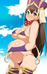 big_breasts bikini blush bridal_gauntlets brown_hair cleavage fate/grand_order fate_(series) female female_only hands_on_belly hat headgear headwear hoop_earrings jewelry jueg long_hair looking_at_viewer micro_bikini necklace nipple_bulge pregnant purple_bikini purple_eyes smile solo sweat swimsuit thighhighs xuanzang_(fate)