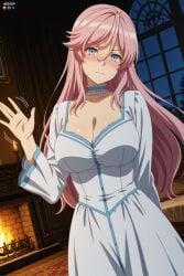 1boy 1girl absurdres adult ai_assisted ai_generated big_breasts blue_eyes blush breasts candle choker cleavage closed_mouth collarbone dress female fireplace flare_arlgrande_jioral frilled_choker hair_between_eyes hand_up heeven highres indoors kaifuku_jutsushi_no_yarinaoshi large_breasts long_hair long_sleeves looking_at_viewer male mature night patreon patreon_username perfect_body pink_hair sensitive sky solo uncensored waving white_choker white_dress window