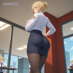1boy 1girl ai_assisted ai_generated black_jacket black_necktie blonde_hair crossed_legs curvy_body dress_shirt femboy hug hugging_from_behind looking_back narrow_waist nervous_expression nervous_smile office_lady pantyhose pencil_skirt penis_bulge portrait source_anime standing tight_shorts topless view_from_below wide_hips yellow_eyes zenless_zone_zero