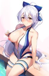 absurdres areolae bangs blue_bow blue_swimsuit blush bow breasts center_opening closed_mouth fate/grand_order fate_(series) female hair_between_eyes hairbow highleg highleg_swimsuit highres large_breasts long_hair looking_at_viewer nipples one-piece_swimsuit one_breast_out ponytail red_eyes silver_hair sitting smile swimsuit thigh_strap thighs tomoe_gozen_(fate) tomoe_gozen_(swimsuit_saber)_(fate) two-tone_swimsuit viral1112 white_swimsuit