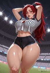 1girl ai_generated arms_up artist_name black_gloves black_shorts breasts cameltoe crop_top futarush gloves green_eyes hair_tie_in_mouth katarina_du_couteau large_breasts league_of_legends long_hair midriff mouth_hold navel patreon patreon_username ponytail red_card_katarina red_hair riot_games scar scar_across_eye scar_on_face shiny_skin shirt shorts solo stadium striped_clothes striped_shirt sultryspark thick_thighs thighs tying_hair whistle