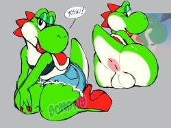1boy 1femboy anthro anus ass balls bedroom_eyes big_ass booty_shorts clothing daisy_dukes dialogue dinosaur eyelashes fat_ass femboy_furry femboy_only furry furry_male furry_only gay genitals green_skin green_yoshi high_heels kneeling lipstick looking_at_viewer male male_only mario_(series) nintendo red_high_heels red_lipstick reptile scalie shorts sitting smile solo solo_focus solo_male somedivs tail testicles thick_ass voluptuous voluptuous_femboy yaoi yoshi