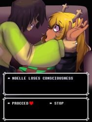 1girl 1girls 1nonbinary 2025 deltarune femsub hastur_(artist) imminent_rape imminent_sex kris_(deltarune) noelle_holiday restrained restrained_arms spelling_error text