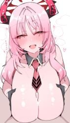 1boy 1girls aoielsol bare_shoulders black_gloves blue_archive blush cum cum_on_body cum_on_breasts detached_collar ejaculation female gloves horns long_hair looking_at_viewer male male_pov mole mole_on_breast necktie no_bra open_mouth pov red_necktie satsuki_(blue_archive) shiny_skin simple_background swimsuit tongue white_background yellow_eyes