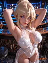 1girl ai_generated artist:zbaiart blonde_hair blue_eyes breasts character:holli_would cleavage copyright:cool_world cowboy_shot dress female female_focus indoors large_breasts long_hair looking_at_viewer mature_female smile solo solo_focus standing