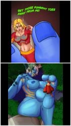 2_toes 2girls blizzard_entertainment blonde_hair blood_elf blue_nipples blue_skin captured commission disgusted_expression giantess giantess_milf green_eyes milf minigirl smothering tiny_female troll_(warcraft) troll_female white_hair world_of_warcraft younger_female