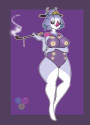 absurd_res accessory animal_humanoid anthro arm_under_breasts big_breasts bioluminescence breasts cephalopod cephalopod_humanoid female glowing hair_accessory hambor12 hi_res humanoid makeup malamar marine marine_humanoid mollusk mollusk_humanoid nintendo nude pokémon_(species) pokemon smoking smoking_pipe solo video_games wide_hips