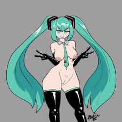 1girls breasts female hatsune_miku leggings necktie nude pussy tagme vocaloid zedrin